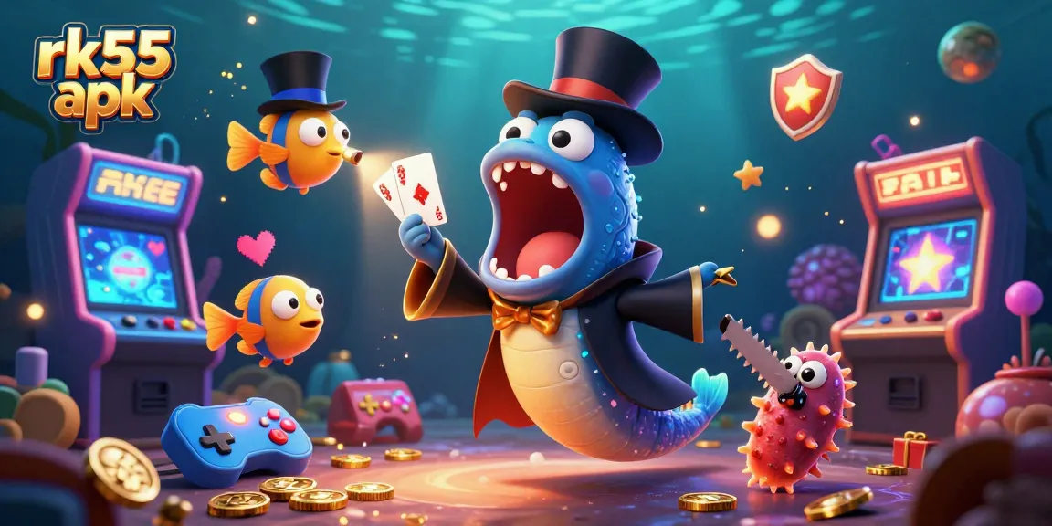 Experience dynamic gameplay with rk55 apk, featuring vibrant 3D characters and arcade elements in an underwater setting.