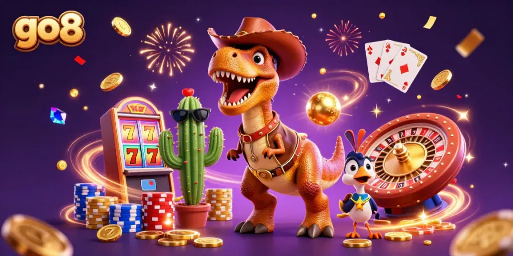 Experience exciting winnings at go8 with a colorful casino-themed 3D illustration featuring T-Rex and friends.