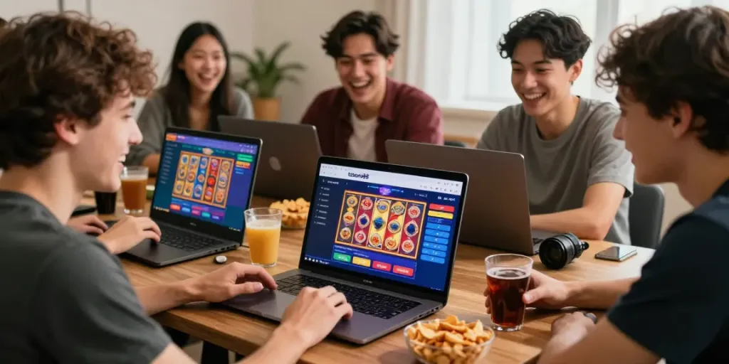 Teman berkumpul di sekitar laptop yang menampilkan totowin88, suasana ceria dan penuh semangat.