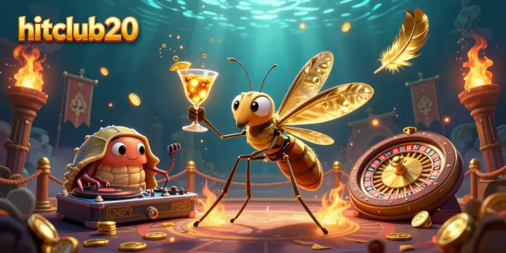 Experience the thrill of hitclub20 with a dynamic casino scene featuring a frozen mosquito mascot and golden roulette.