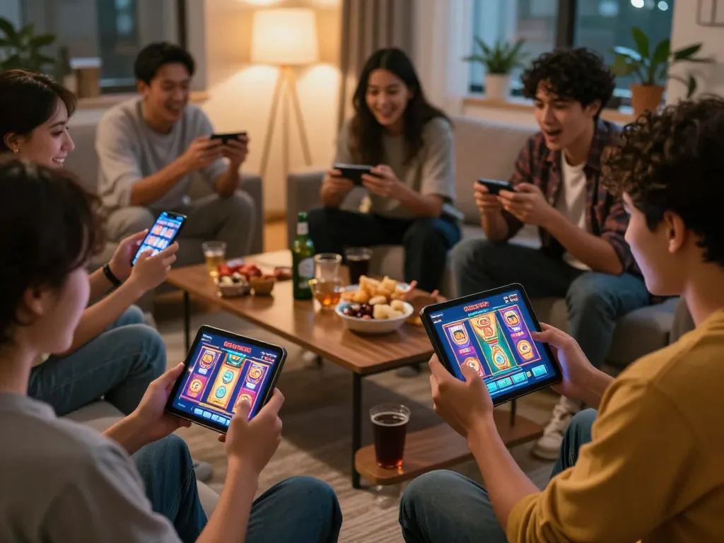 Players enjoying DRAGON222 mobile casino app with vibrant slot games in a cozy living room.