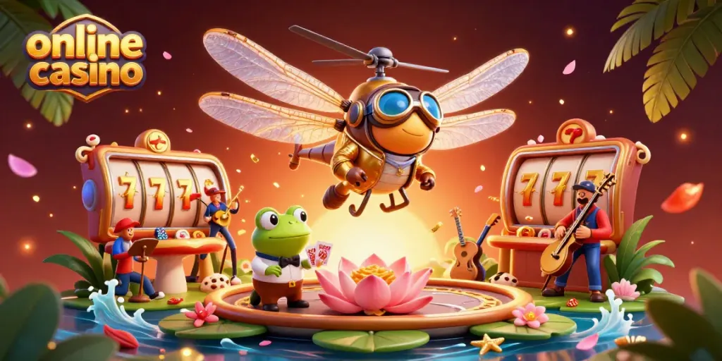 Experience the vibrant excitement of an online casino with a dragonfly pilot, frog croupier, and jazz musicians.