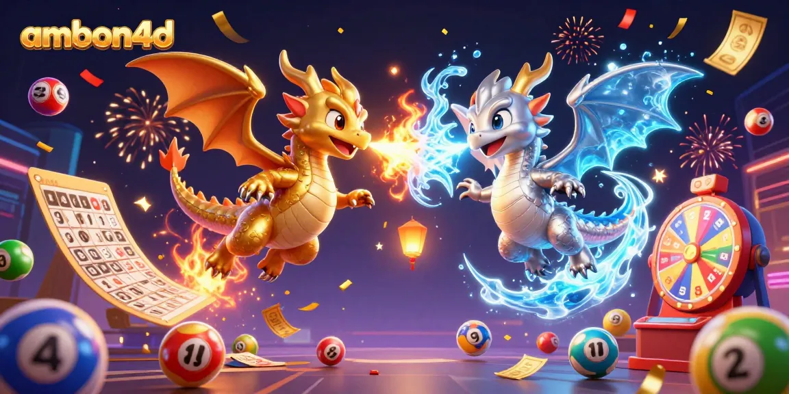 Experience the thrill with ambon4d’s vibrant lottery games, showcased by dynamic dragons and colorful elements.