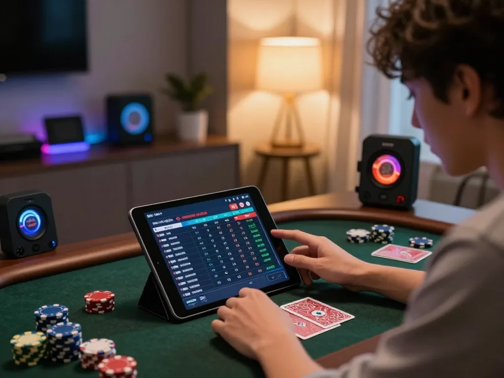 Engaged player analyzing data hk results on a tablet in a stylish home gaming setup