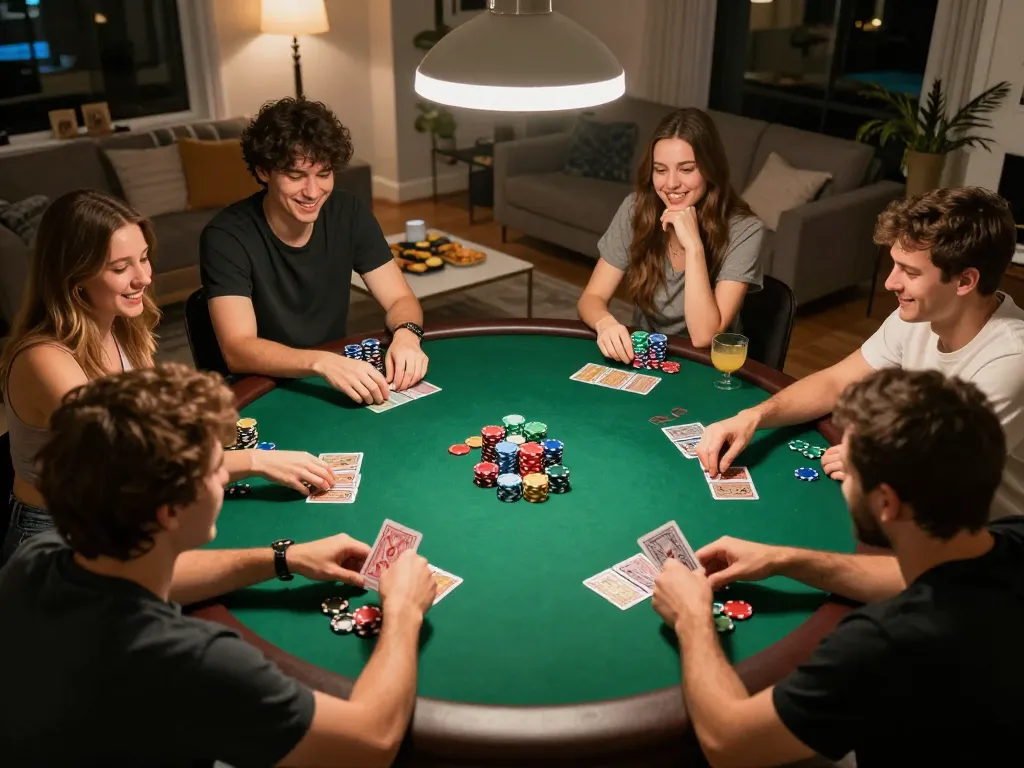 Engaging home poker night scene featuring friends enjoying IDCWIN88 Official gaming, lively card dealing and chip action