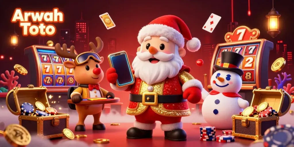 Ilustrasi 3D Arwah Toto dengan Santa, rusa, dan manusia salju di kasino
