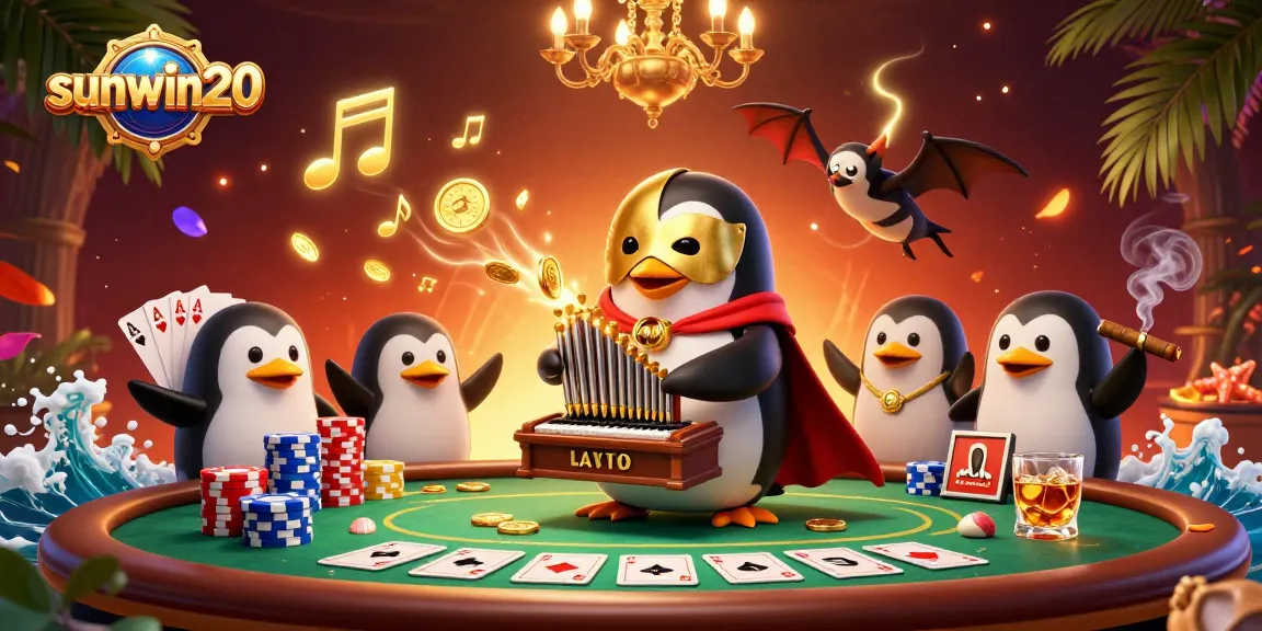Experience the thrill of gaming with sunwin20's engaging illustration featuring a penguin playing an organ in a vibrant casino setting.