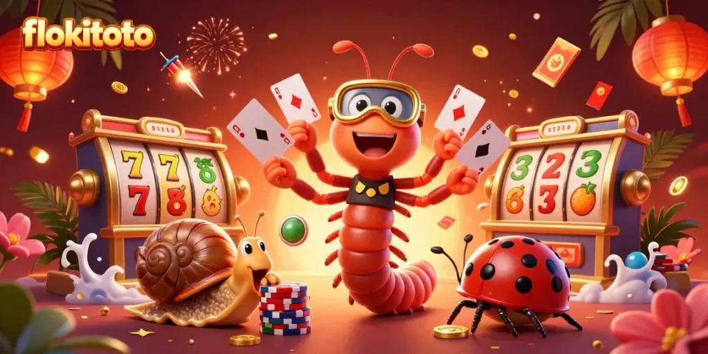 Experience fast-paced gambling with flokitoto's animated scene featuring lively dealers and dynamic slot game symbols.