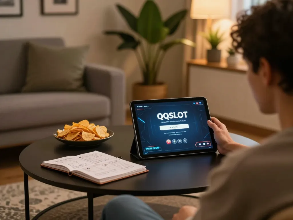 Engaging QQSLOT login screen on a tablet during a cozy home gaming session.