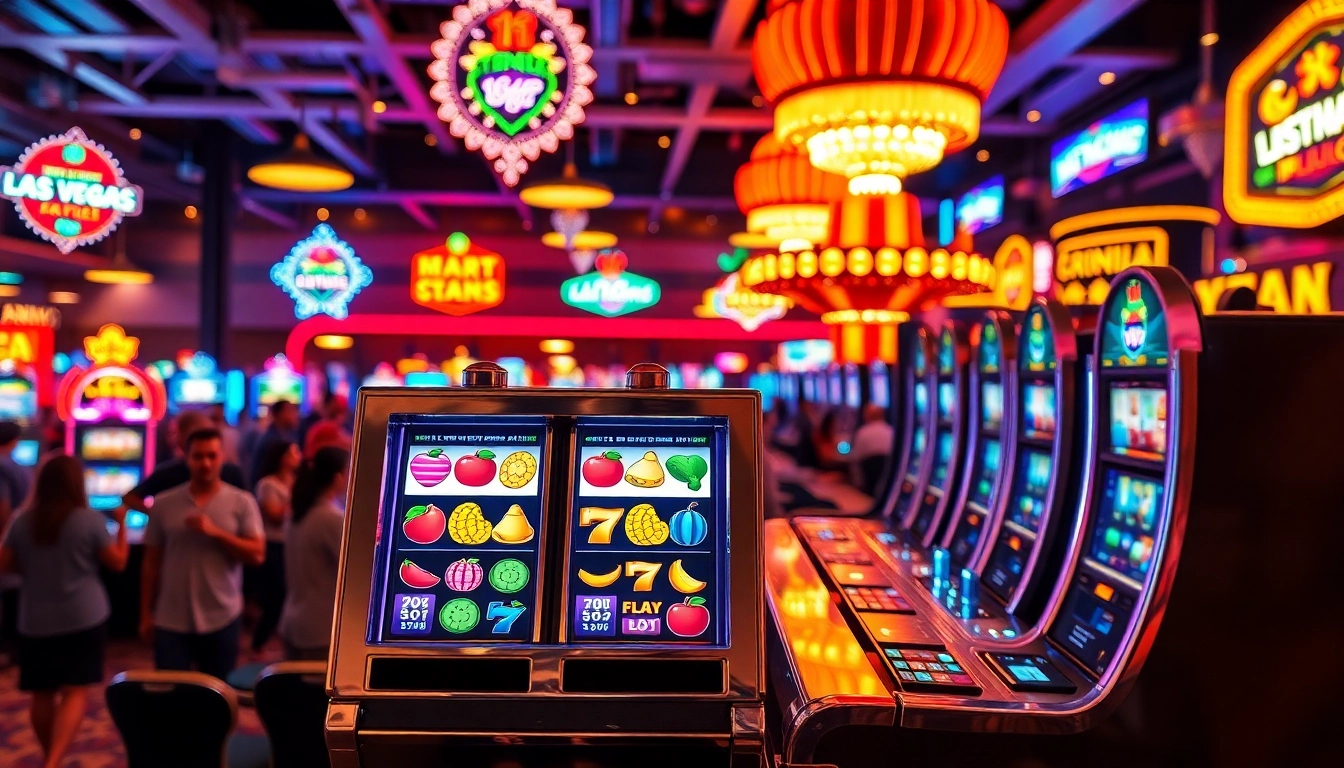 Menangkan jackpot pada slot mesin dengan lampu berkilauan di kasino yang ramai.