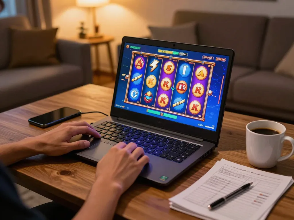 Engaging scene showing online players enjoying Slot Resmi gaming experience with laptop.
