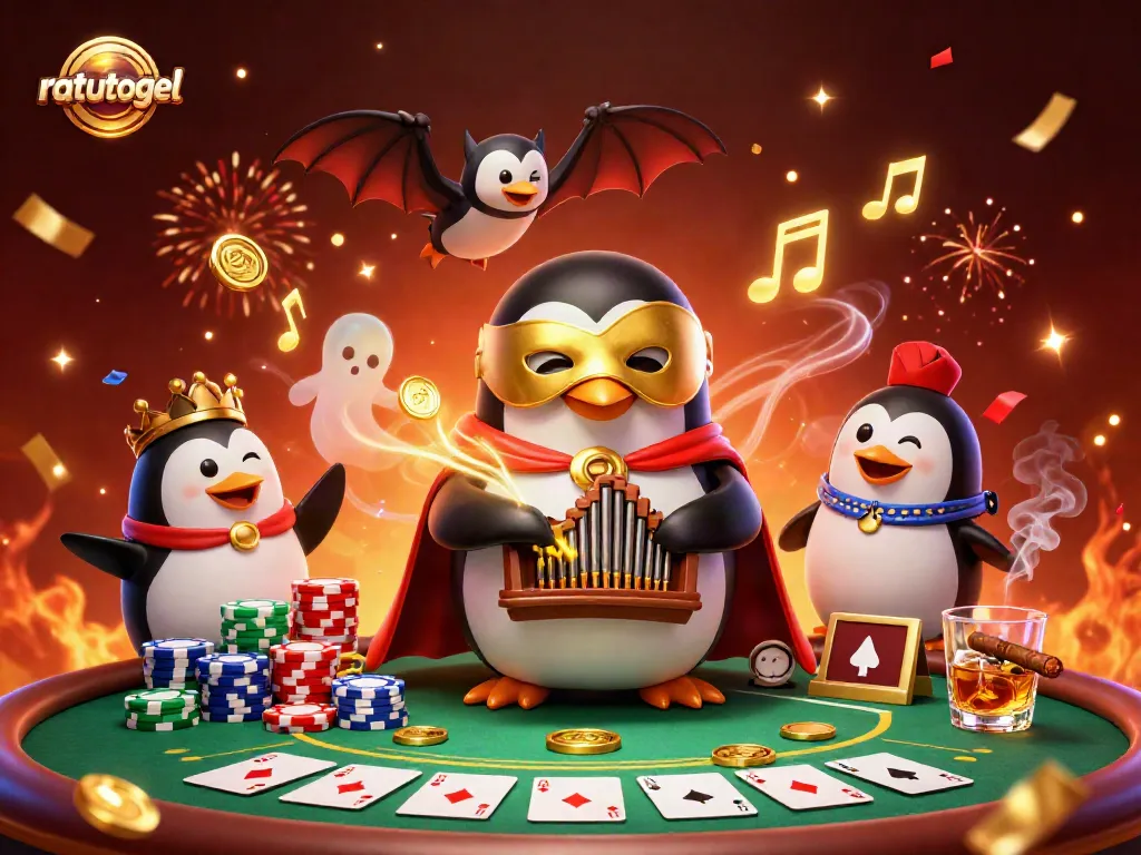 Join the action with ratutogel, featuring lively characters celebrating around a dynamic poker scene.