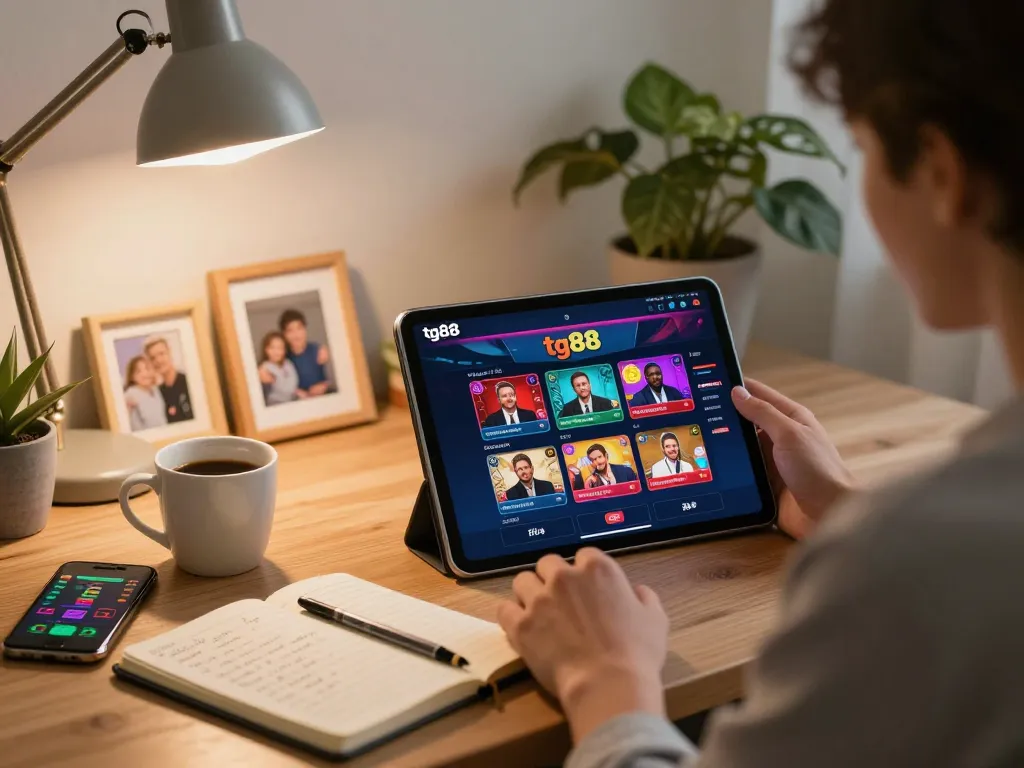 Engaging with tg88 online gambling app on tablet in cozy home setting.