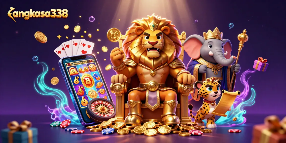 Experience thrilling gameplay with angkasa338 and a vibrant 3D casino scene featuring lucky symbols.