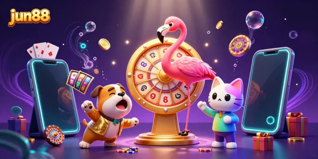 Experience the excitement of jun88 with vibrant characters and casino games in a dynamic scene.