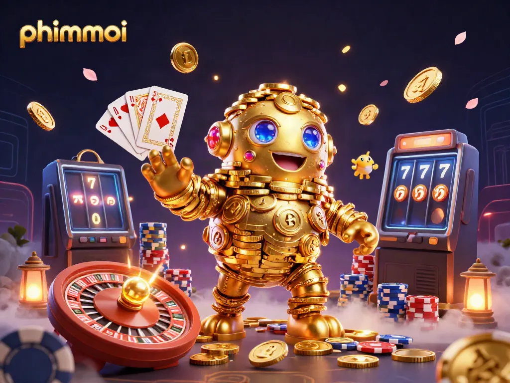 Spin and win with phimmoi's vibrant casino world featuring a golden golem, coins, and cards.