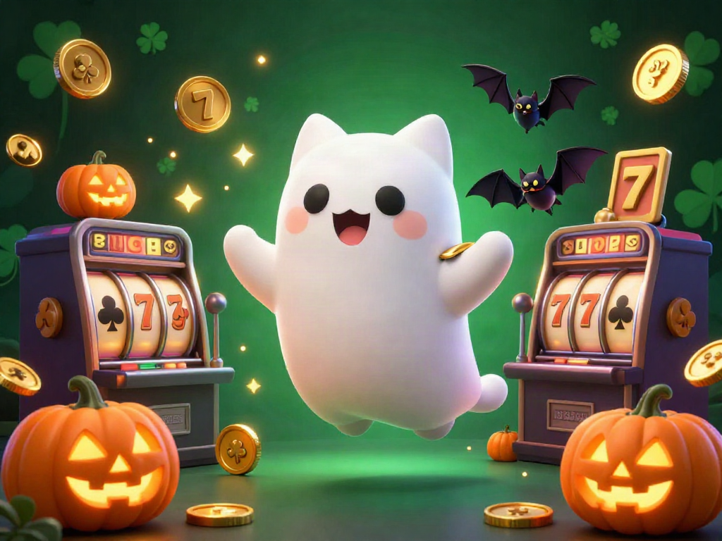 Menang dengan afktoto di kasino online yang terinspirasi oleh Halloween, dikelilingi oleh simbol perjudian yang berkilauan.