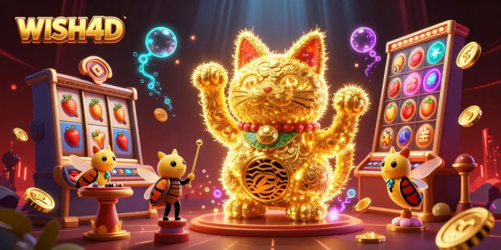 Spin and win with WISH4D's vibrant 3D illustration showcasing gaming excitement.