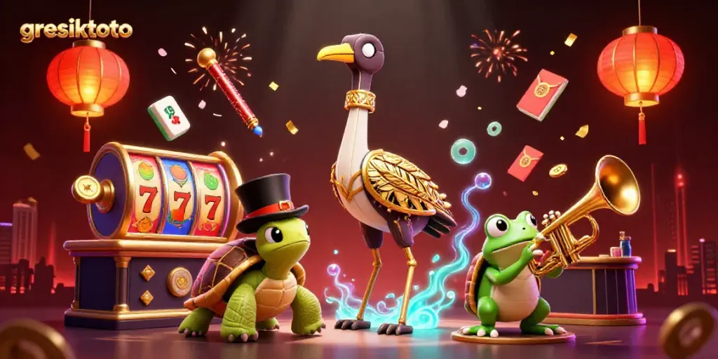 Ilustrasi menarik gresiktoto dengan gulungan slot dan karakter kartun 3D di latar belakang kasino.