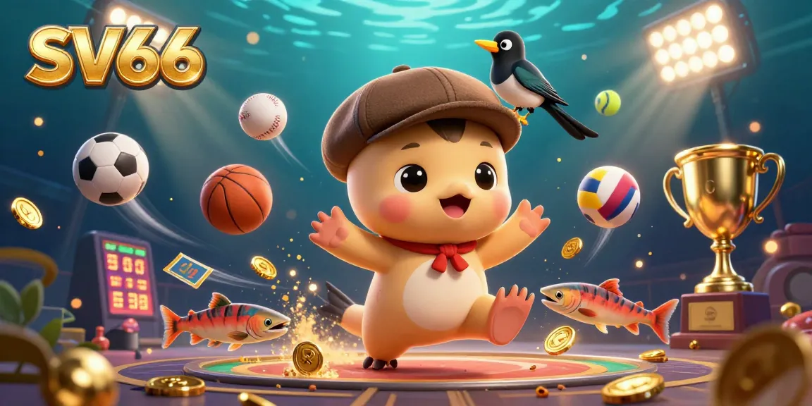 Engage in thrilling gameplay at SV66 with vibrant characters and dynamic casino elements in a lively 3D illustration.