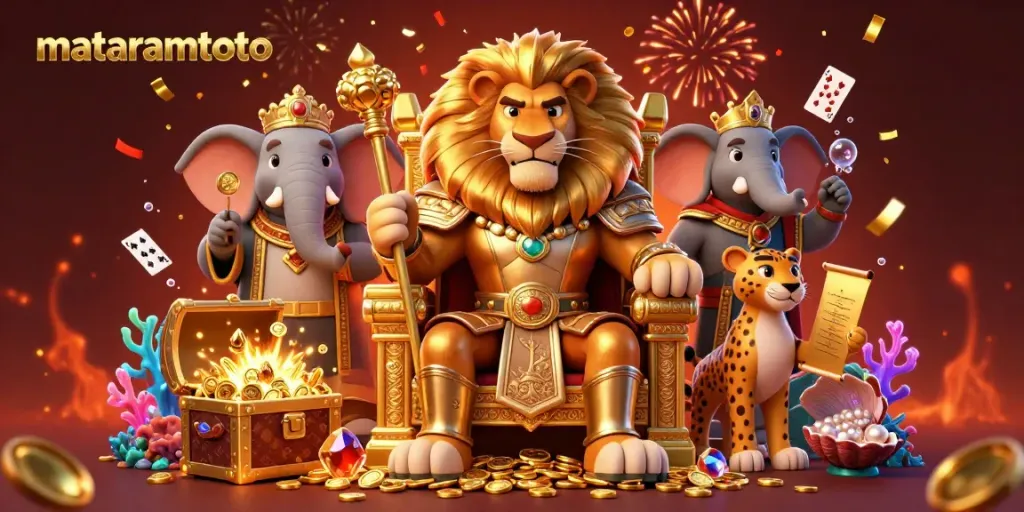 Experience mataramtoto action with a king lion seated on a throne made of gold coins amid treasures and festive fireworks.