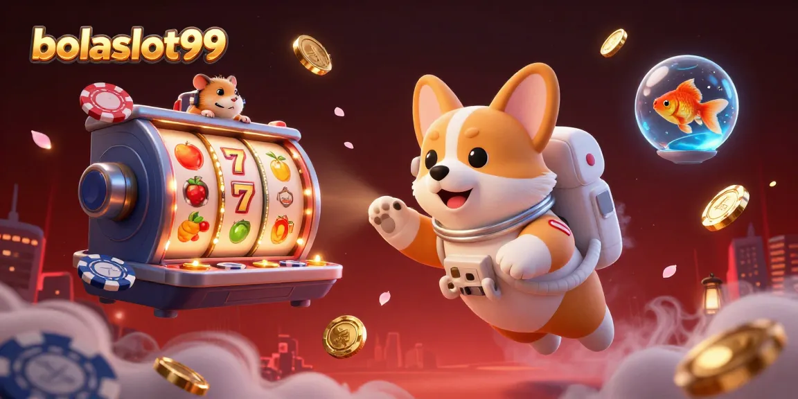 Experience bolaslot99 with a floating 3D corgi and vibrant casino elements in space.