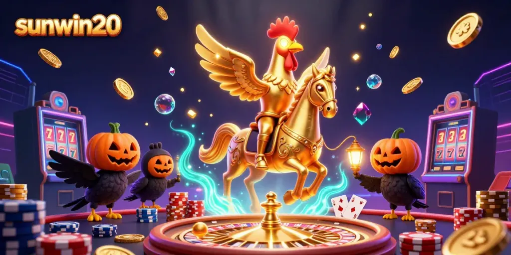 Experience the thrill of sunwin20 with golden rooster action amid dazzling casino elements.