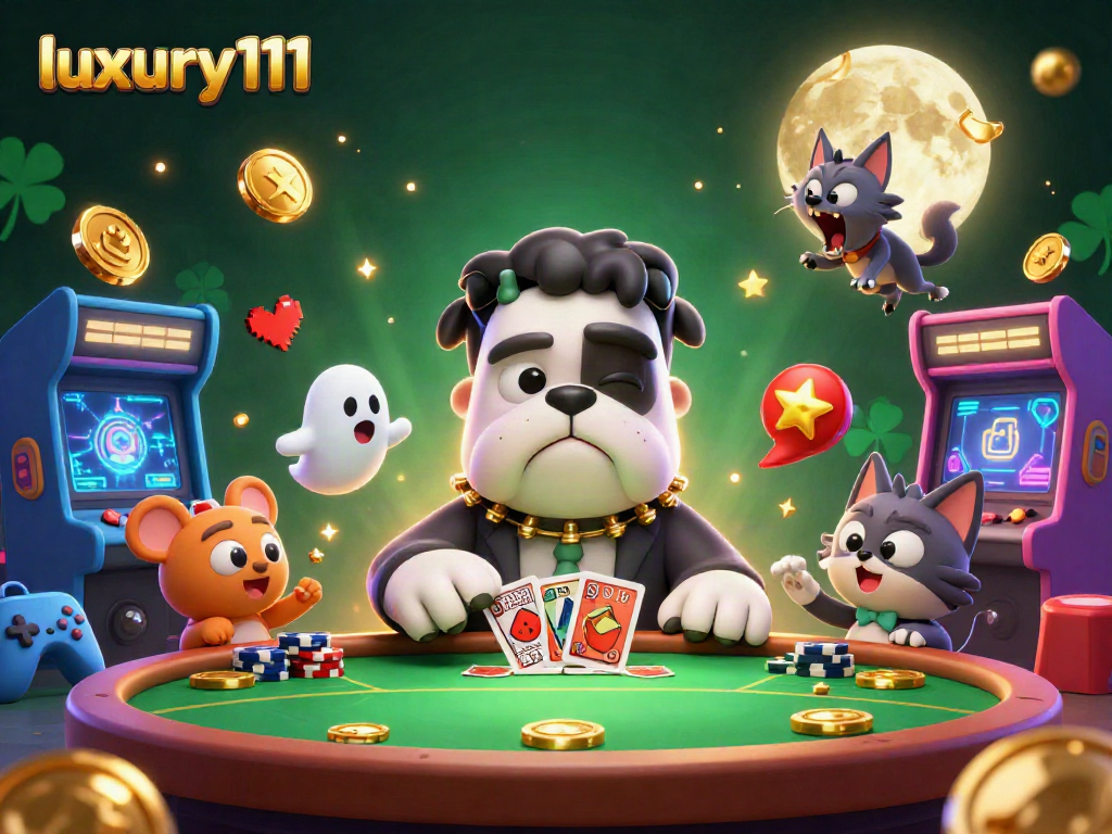 luxury111 showcases a vibrant 3D poker scene with a quirky Frankenstein bulldog dealer, elevating casino fun.