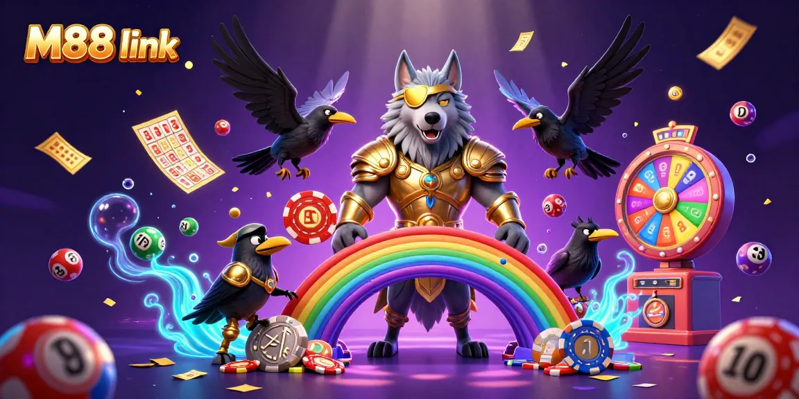 M88 link showcases a captivating Norse-inspired 3D illustration of gambling elements in a dynamic casino environment.