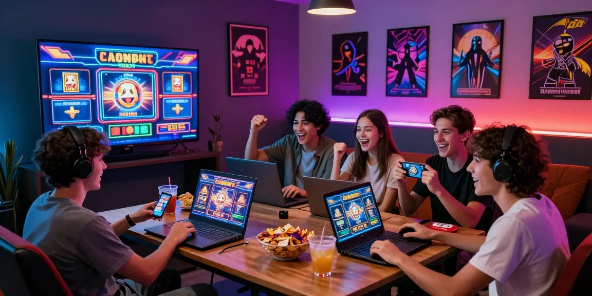 Teman-teman bersenang-senang bermain slot di lounge game dengan suasana ceria.