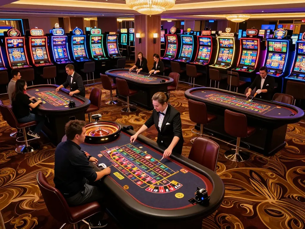 Pemain memasang taruhan di meja roulette di lingkungan kasino yang penuh warna, menangkap semangat taruhan paris888.