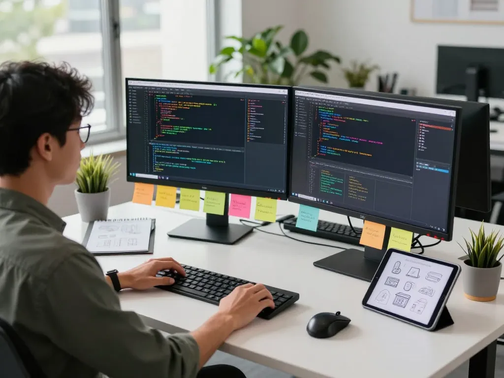 Developer using crushon ia in a modern tech workspace with dual monitors and vibrant coding.