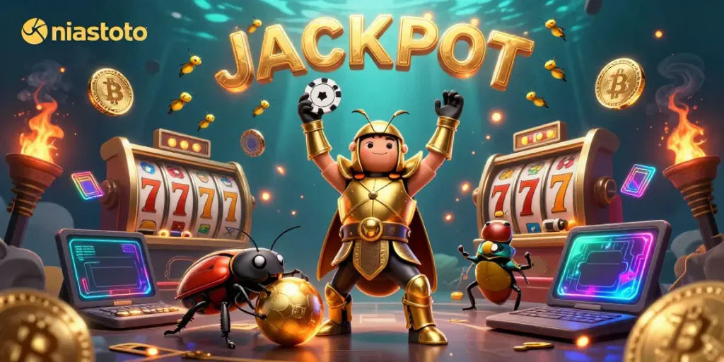 Experience the excitement with niastoto as a fantasy beetle hero lifts a poker chip in celebration.