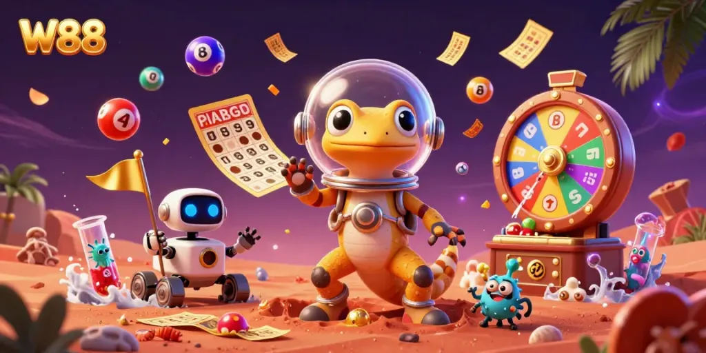 W88 casino scene with gecko in a space suit discovering a hidden golden casino and vibrant game elements.