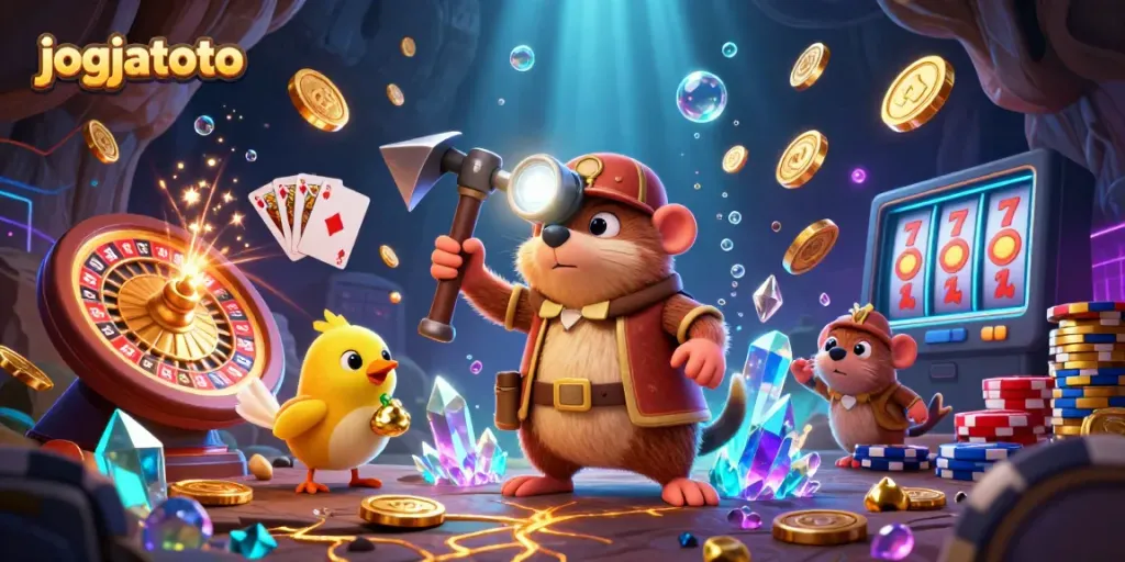 Experience endless fun with jogjatoto in a vibrant 3D illustration of a treasure hunter mole and canary amidst casino riches.