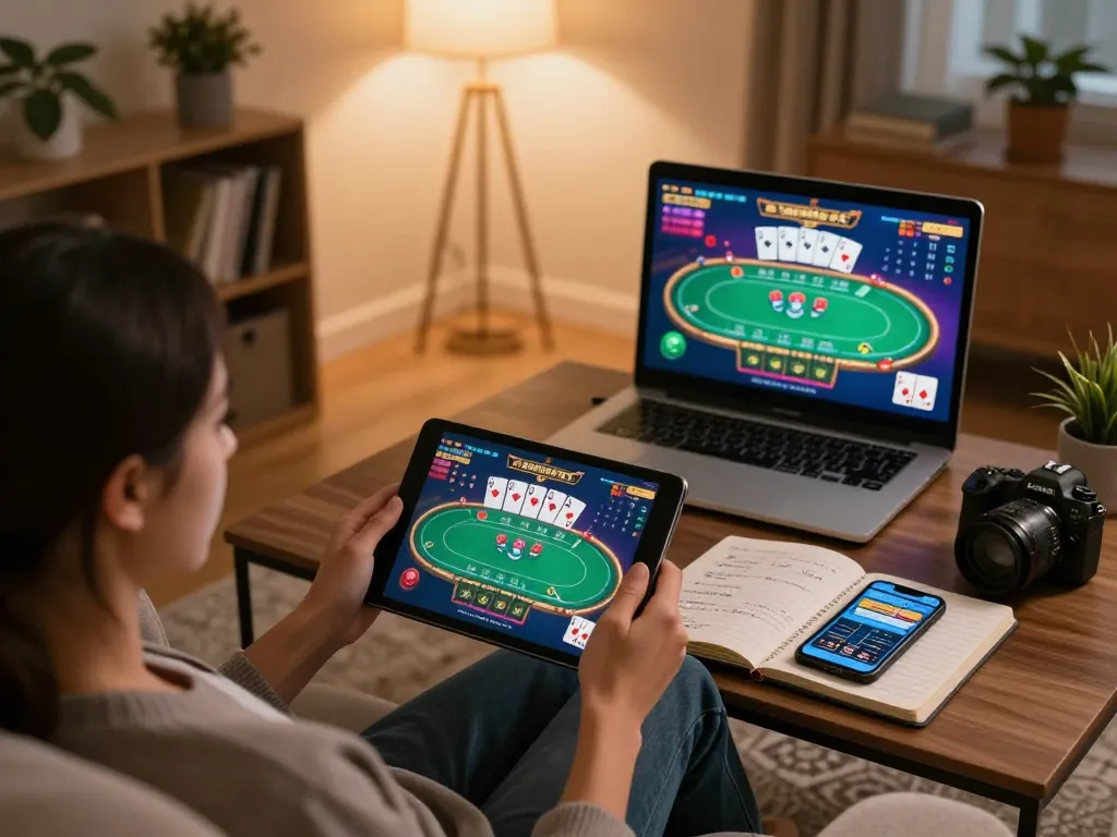 Engaging in online casino strategies at home with 78 win on tablet in cozy living room ambiance.