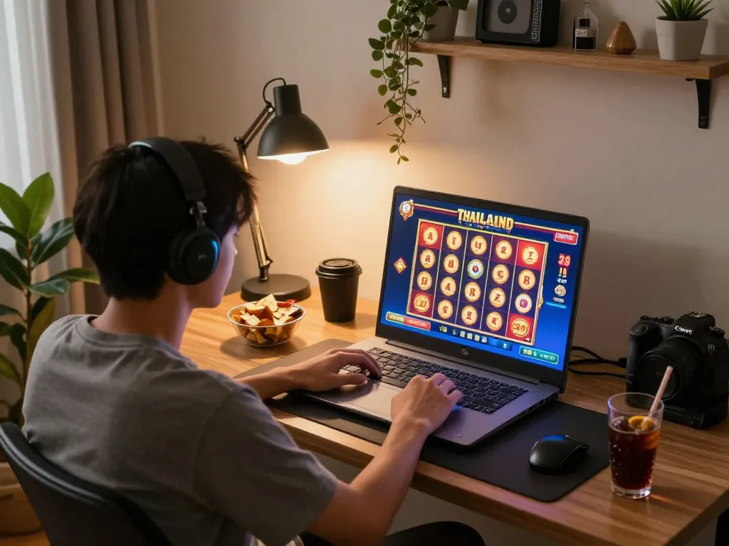 Player immersed in slot thailand gaming on laptop at cozy home office, enjoying vibrant gameplay.