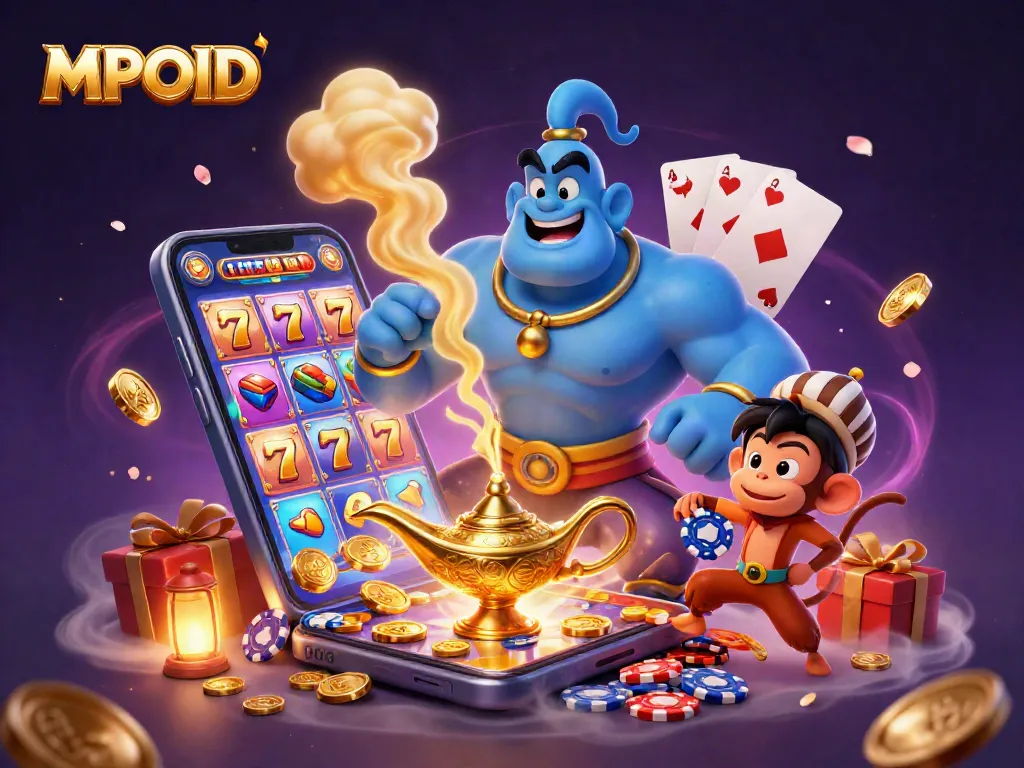 Experience the thrill of MPOID with a vibrant slot game scene featuring a genie and lucky symbols.