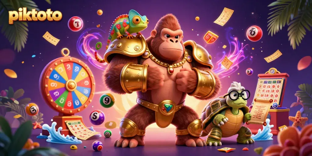 Piktoto's vibrant 3D scene with a gorilla king, chameleon, and tortoise featuring colorful lottery elements.