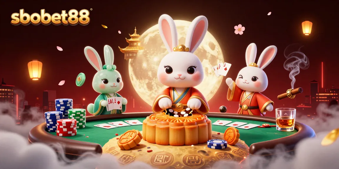 Taruhan sbobet88 dengan kelinci bulan memukuli kue bulan emas dan chip poker, menggambarkan aksi kasino yang seru.