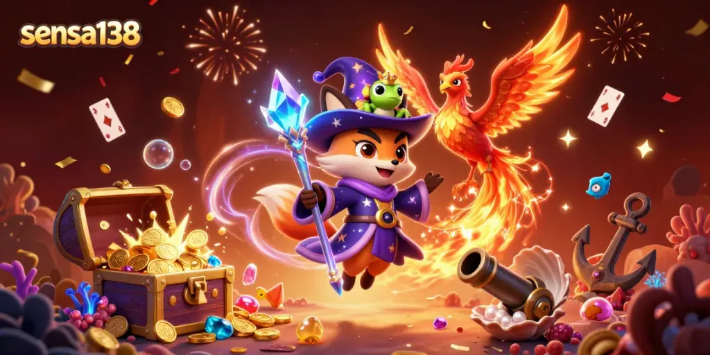 Sensa138 sparks excitement with a vibrant wizard and phoenix surrounded by casino treasures.