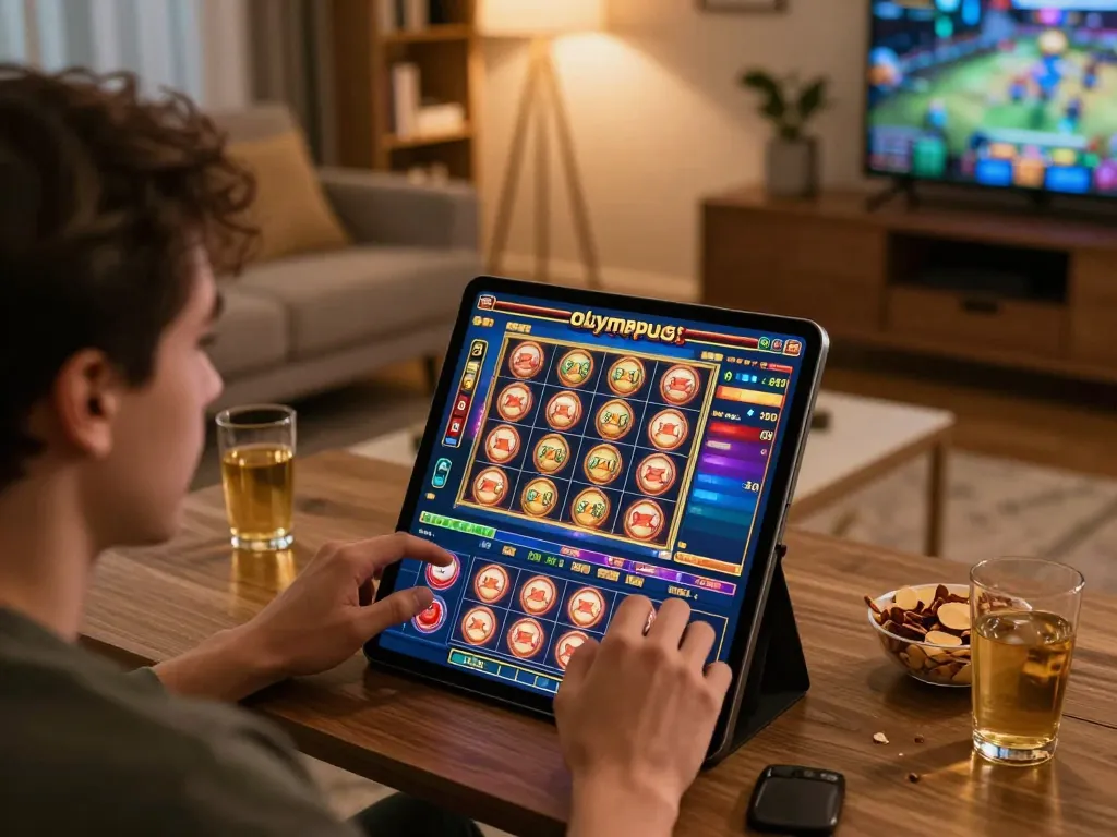 Player immersed in slot olympus, enjoying online gaming on a tablet in a cozy home setting.