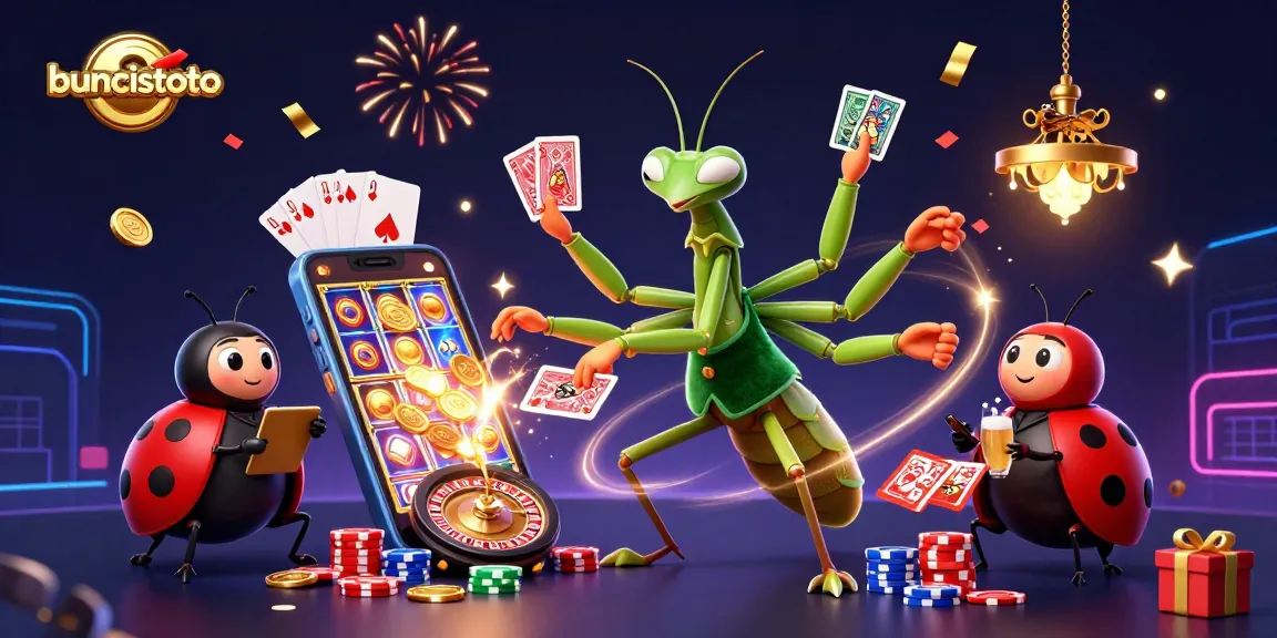 Buncistoto menghadirkan suasana kasino digital dengan mantis kartu raksasa dan ladybug pit boss dalam ilustrasi 3D yang ceria.