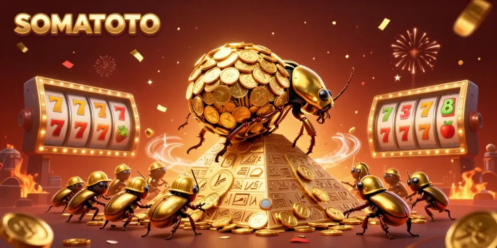 SOMATOTO showcases a vibrant scene of a golden beetle rolling coins and spinning slot reels.