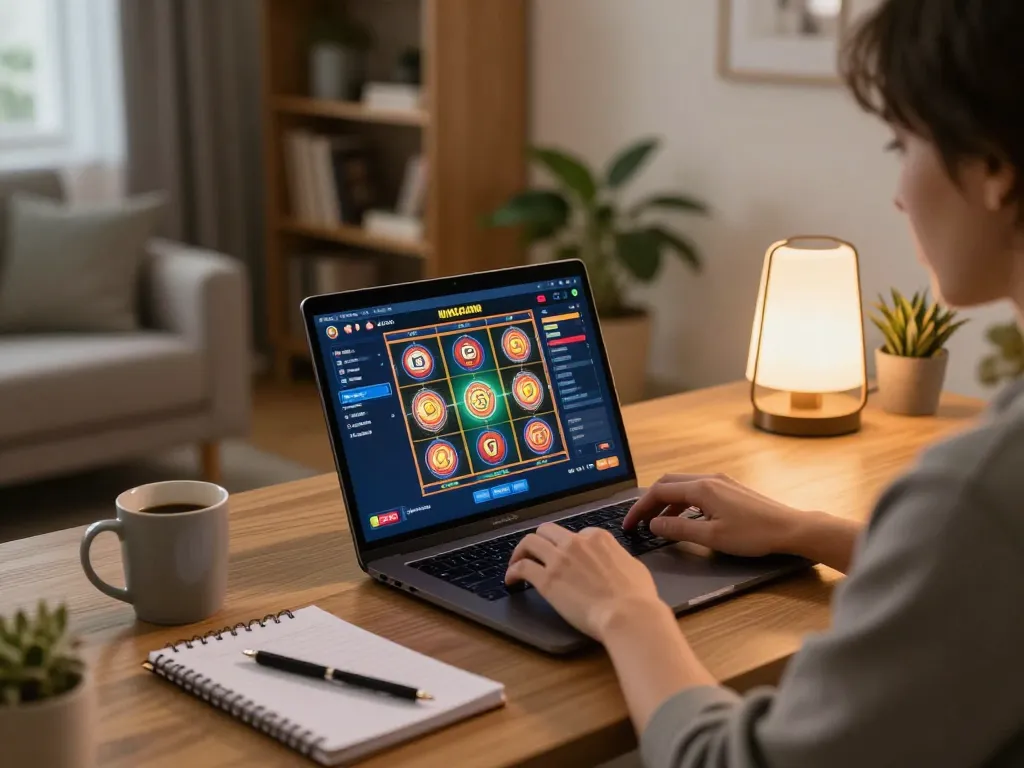 Playing slot gacor online with a modern laptop in a cozy home setting