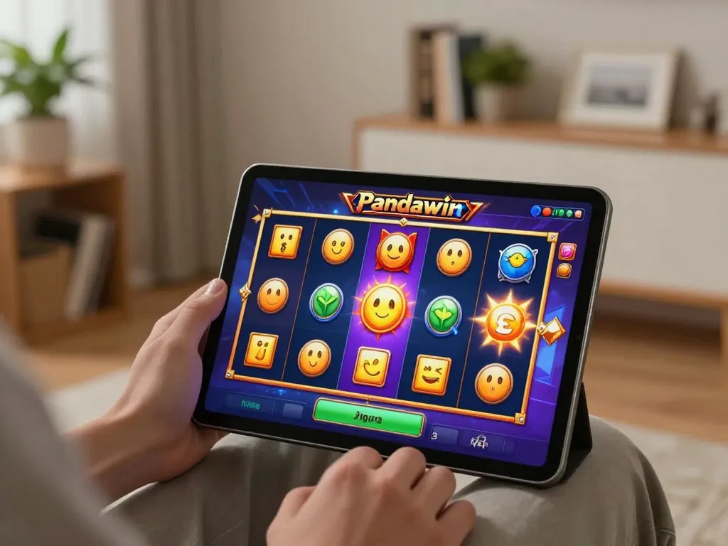 Pemain Pandawin memutar gulungan permainan slot berwarna-warni di tablet dalam suasana rumah yang nyaman