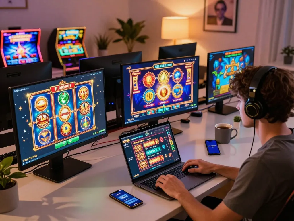 PULSASLOT online gaming scene with player engaged in slot games on multiple screens, cozy atmosphere.