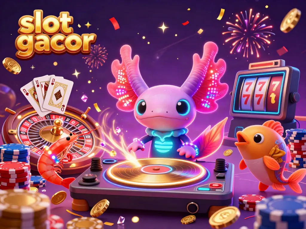 Experience thrilling slot gacor gameplay with a dynamic 3D illustration featuring vibrant casino characters and elements.
