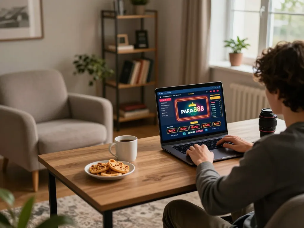 Engaging in online gaming at paris888 using a laptop in a cozy home setup, creating a relaxed gaming atmosphere.