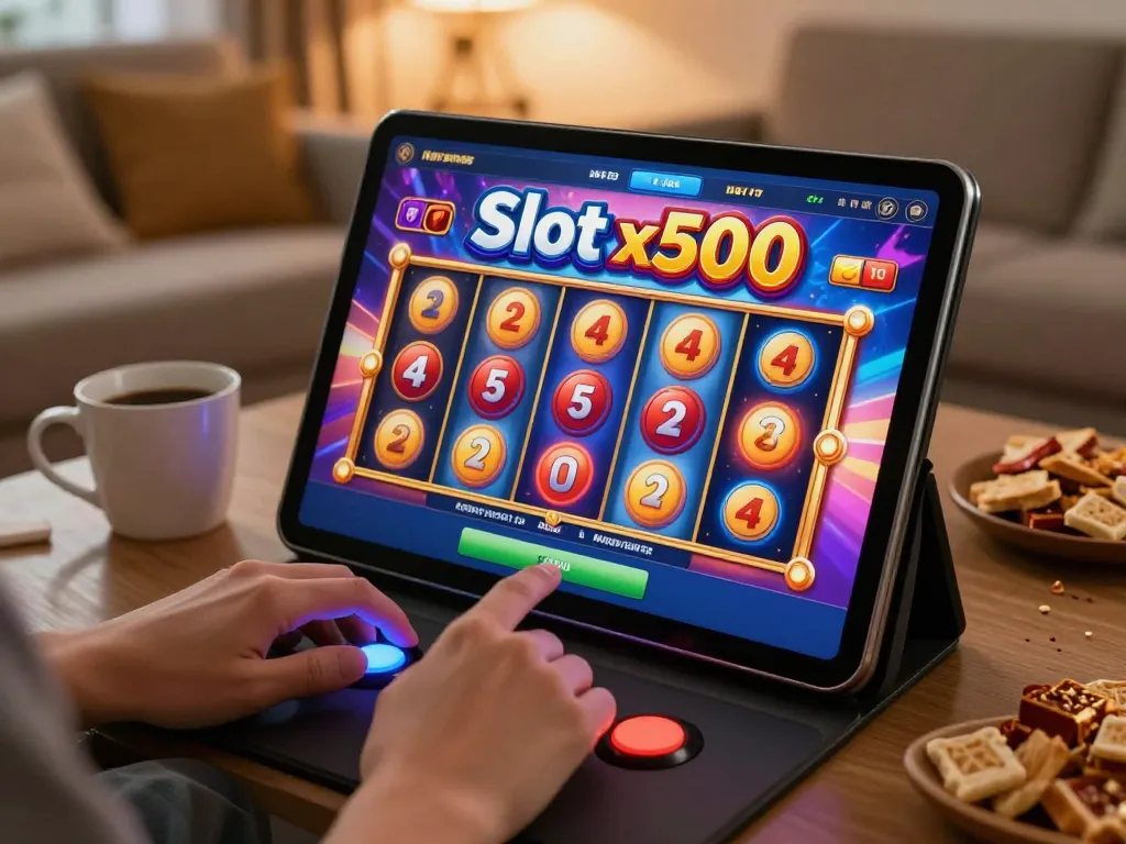 Playing Slot x500 on a tablet at home, featuring colorful reels and exciting gameplay.